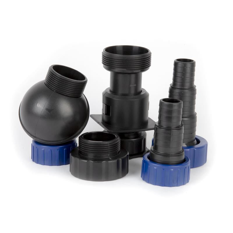Set of black and blue plumbing connectors on a white background