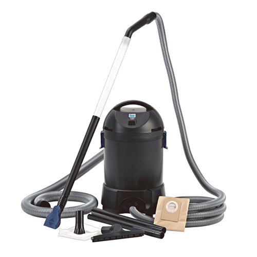 Black wet and dry vacuum cleaner with attachments on a white background