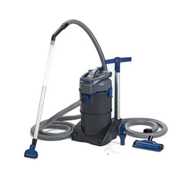 Pool cleaning system with hose and attachments on a white background
