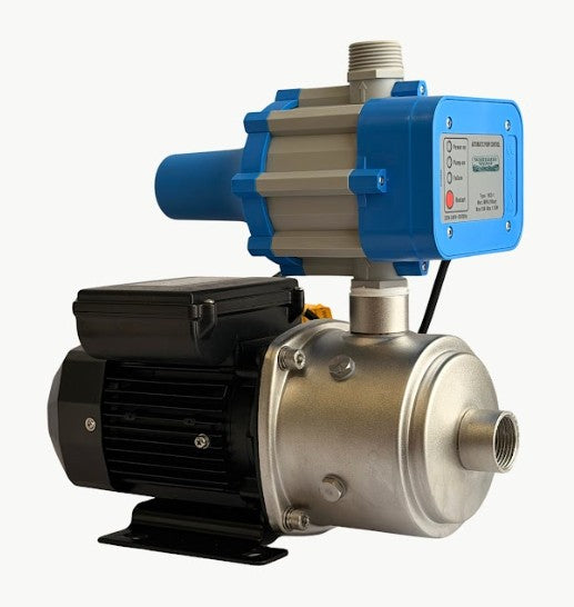 Pump with blue and silver casing on a white background