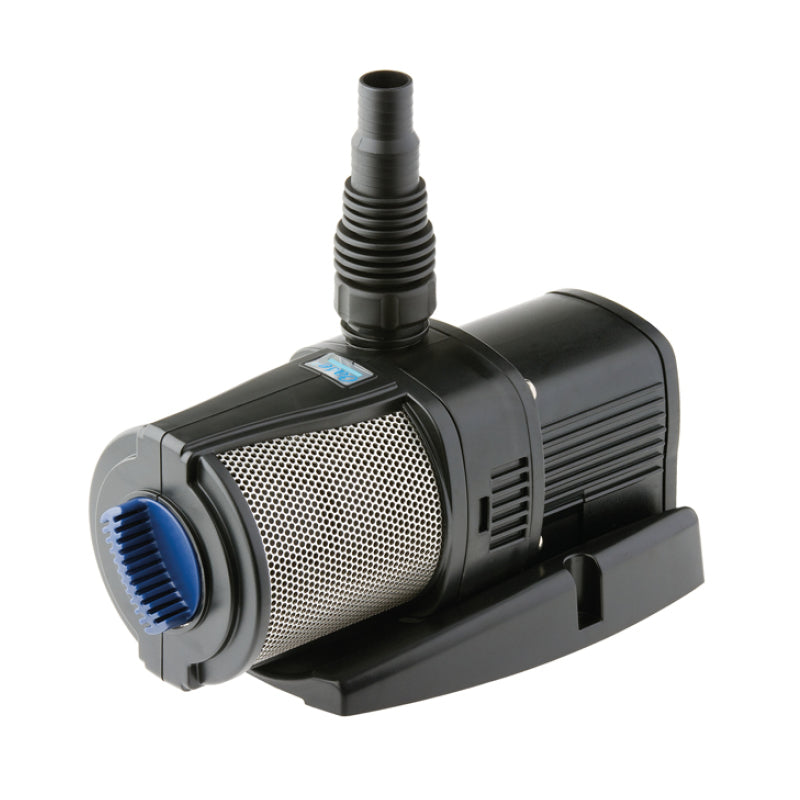 Black water pump with mesh filter on a white background