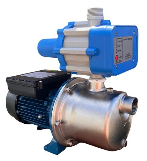 Pump with blue and silver design on a white background