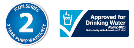 2 year warranty and approved for drinking water logo